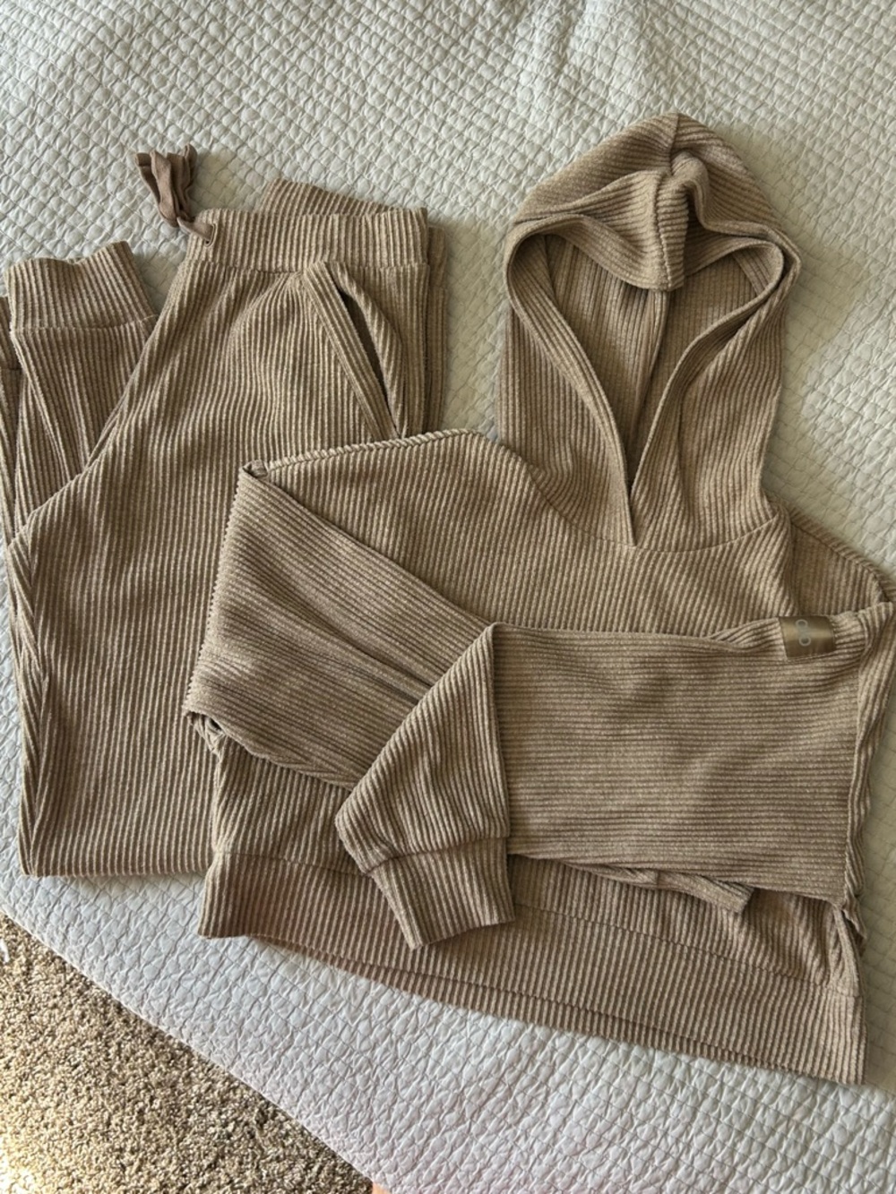 ALO Yoga Ribbed Hoodie & Jogger Set in Neutral Beige